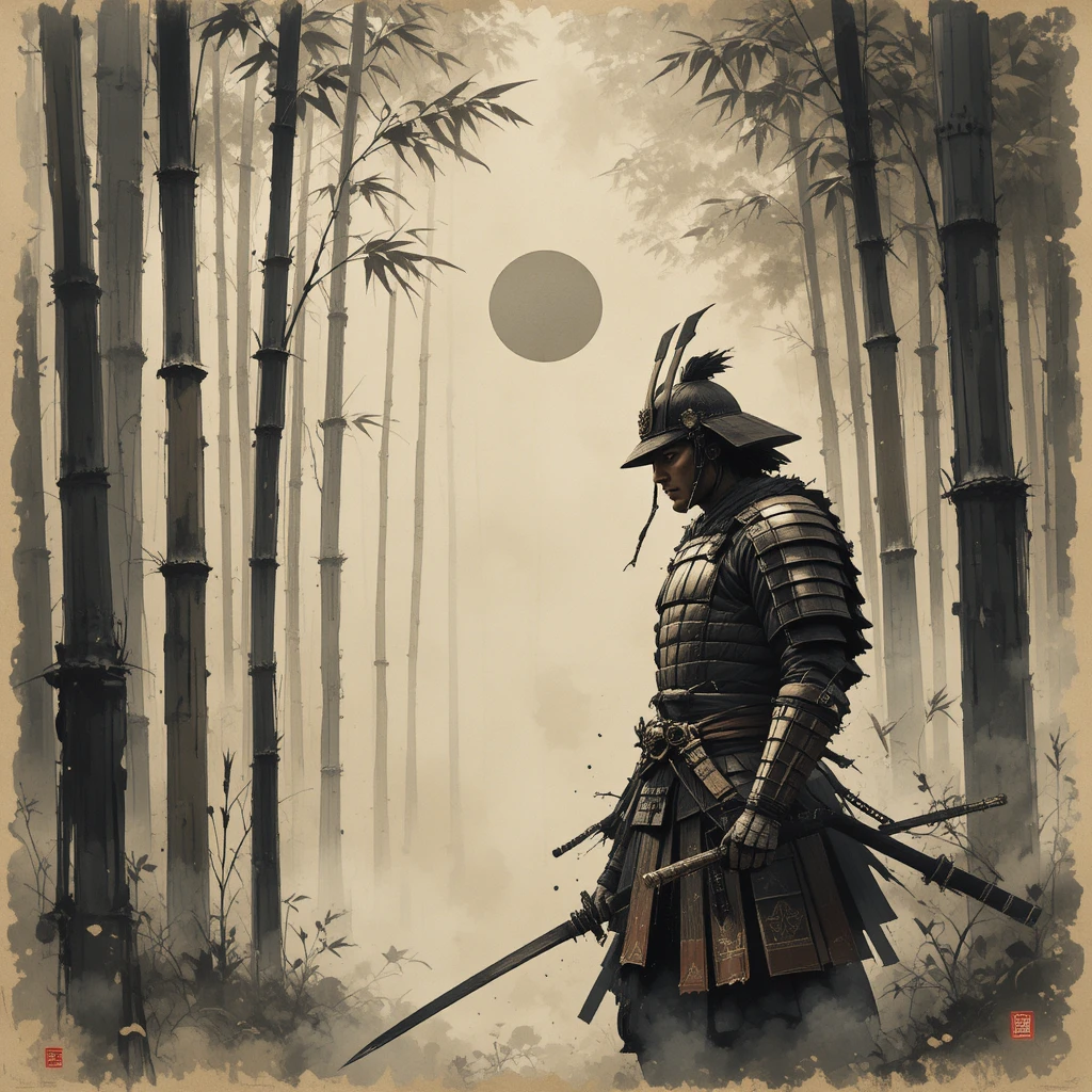 Guerreiro samurai em floresta de bambu enevoada em tinta