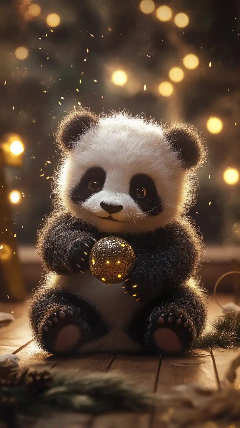 Fluffy baby panda playing with a bouncing ball
