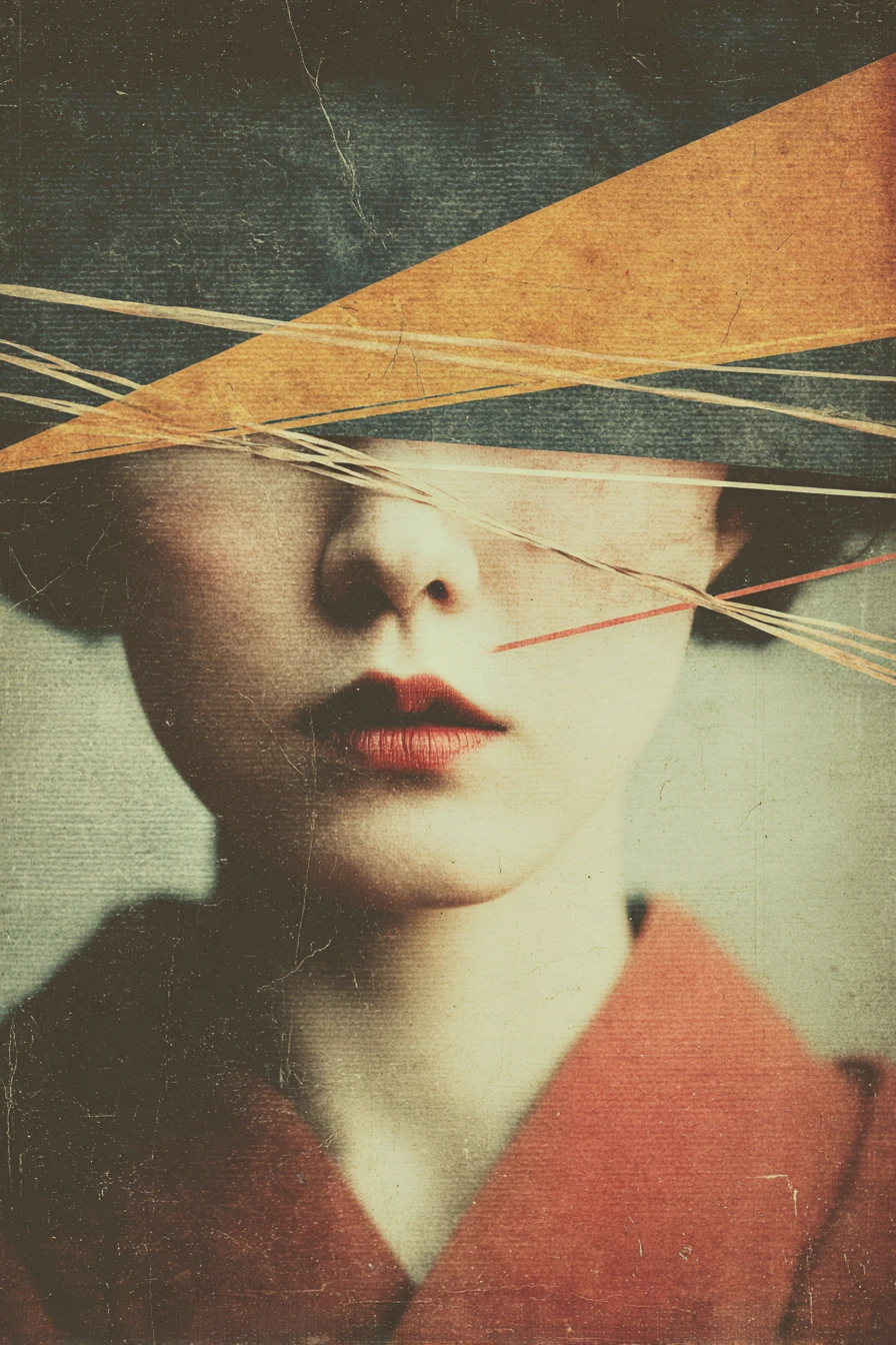 Collage surréaliste et onirique de l’absence sur une toile silencieuse