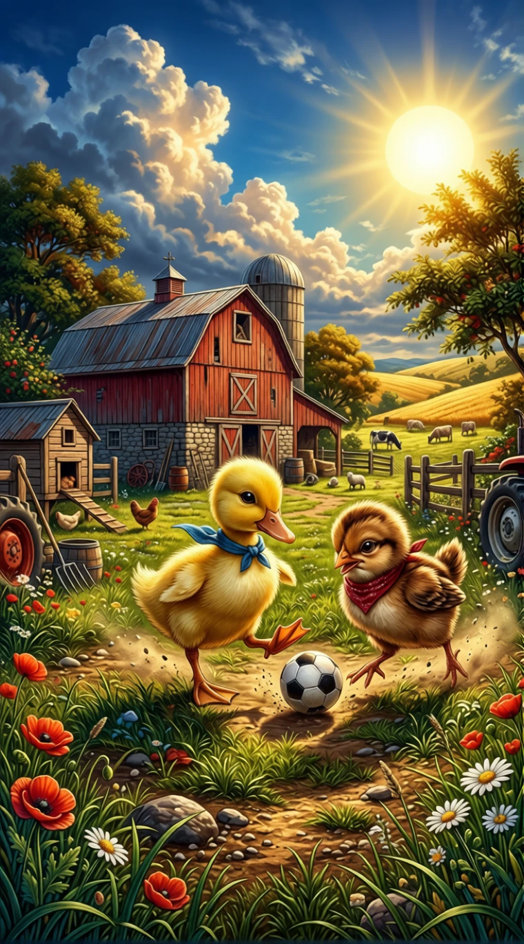 Duckling and chick playing soccer together on a sunny farm