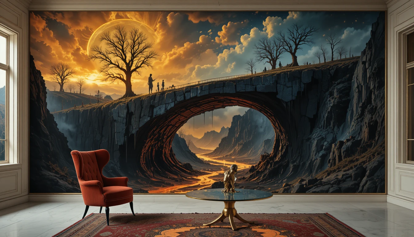 Sofá surreal de veludo vermelho diante de pintura de floresta cósmica em espiral