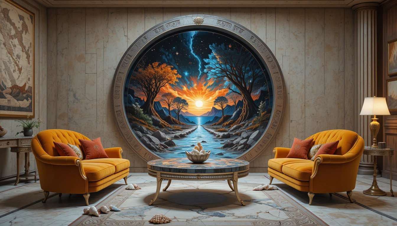トリッピーな宇宙絵画の前にあるシュールなバロックソファ