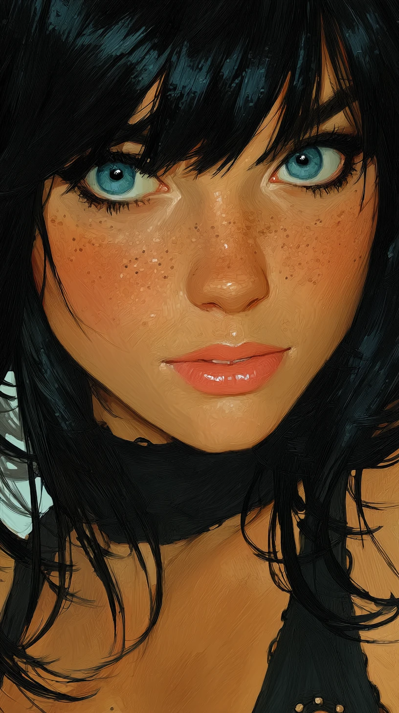 Retrato digital de uma mulher de olhos azuis com sardas
