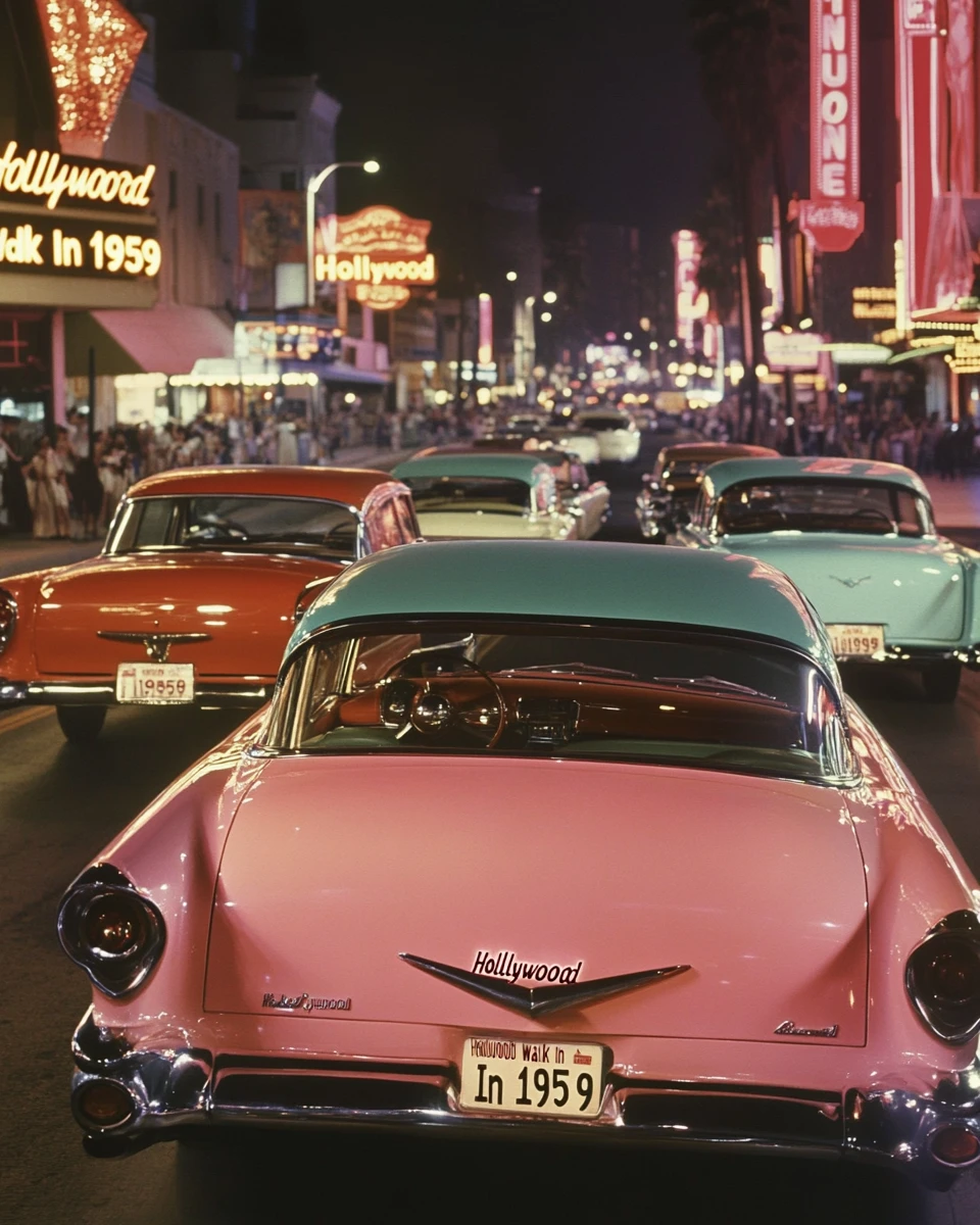 Homem elegante dos anos 1950 caminhando por rua de Hollywood iluminada por néon