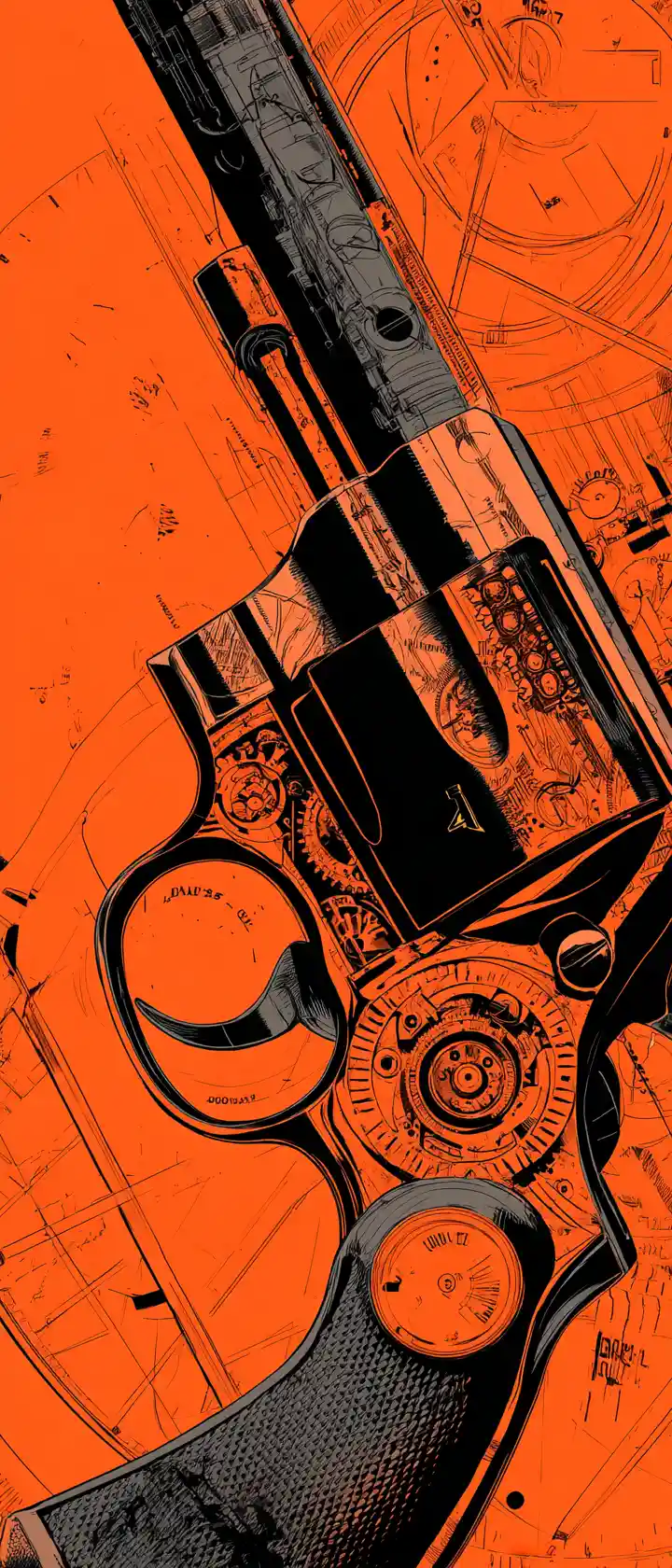 Illustrazione ravvicinata di un revolver d’epoca con schemi tecnici