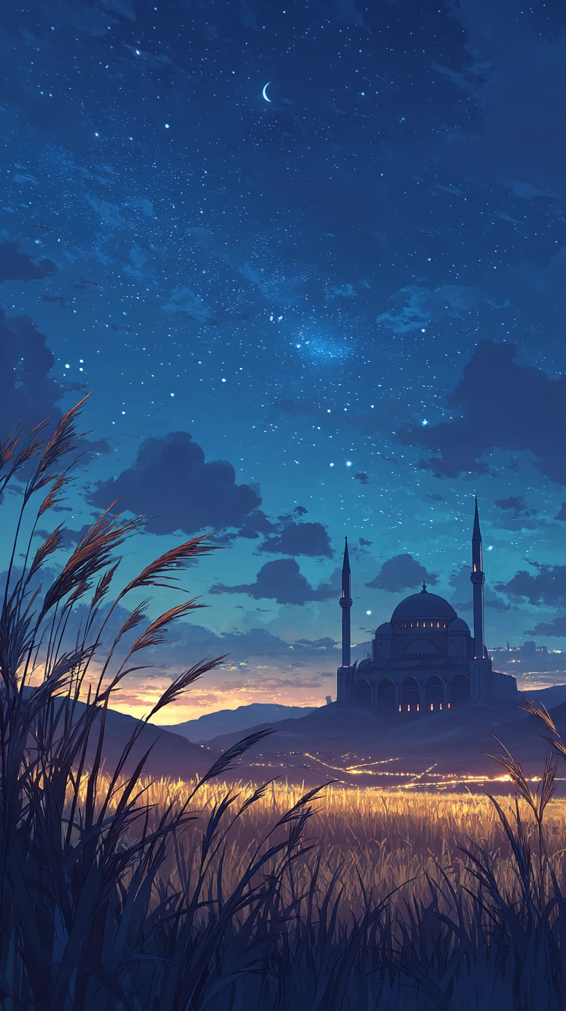 Mesquita em Estilo Anime Cinematográfico sob um Céu Estrelado ao Luar