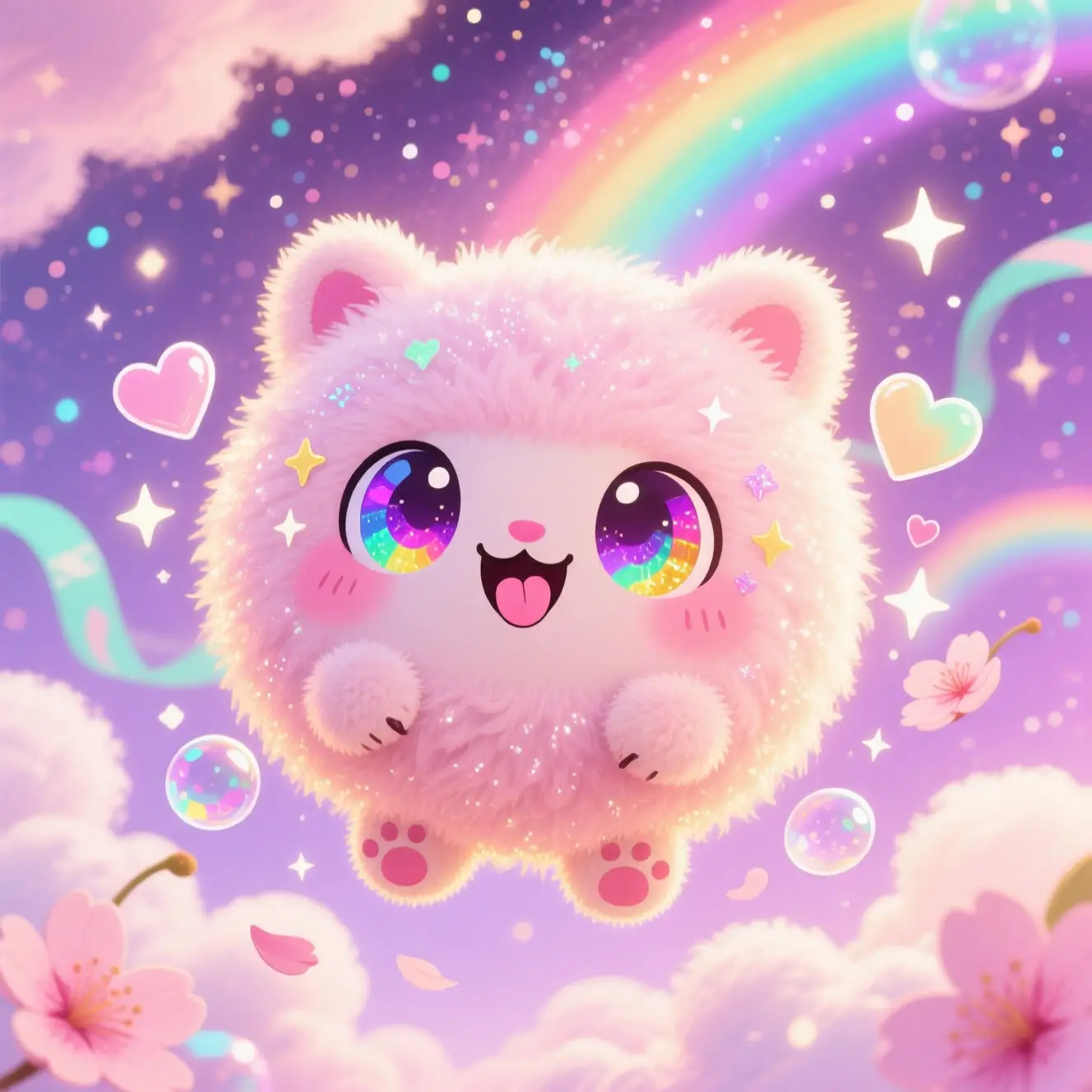 Niedliche Chibi-Kreatur am pastellfarbenen Fantasy-Galaxienhimmel