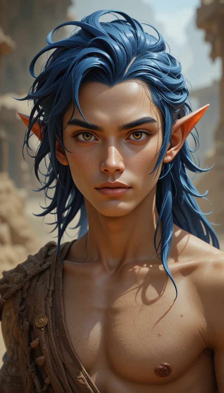 Genio fantasy con capelli indaco scuro e occhi color oliva