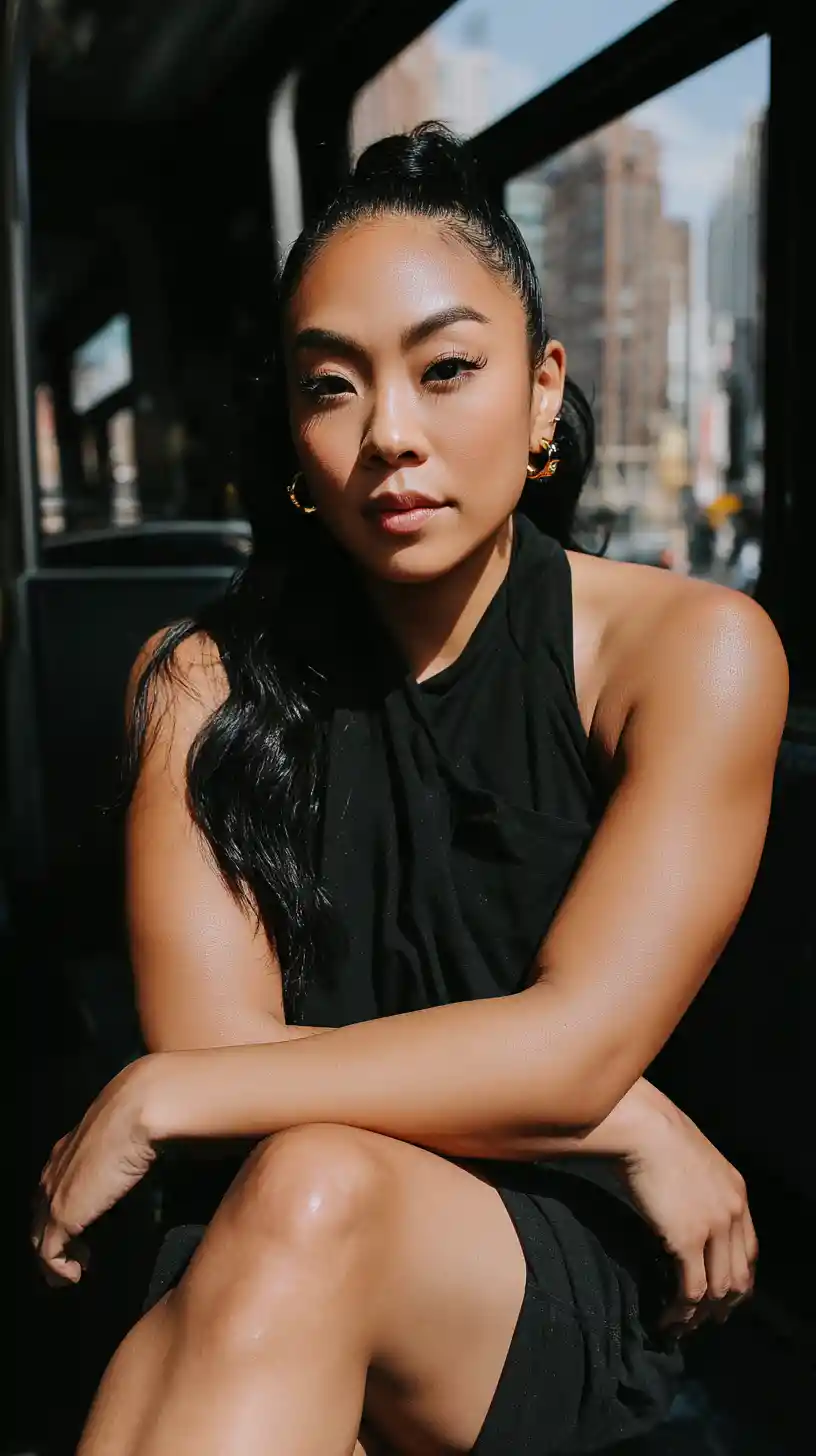 Cinematic portrait of a woman riding a morning bus