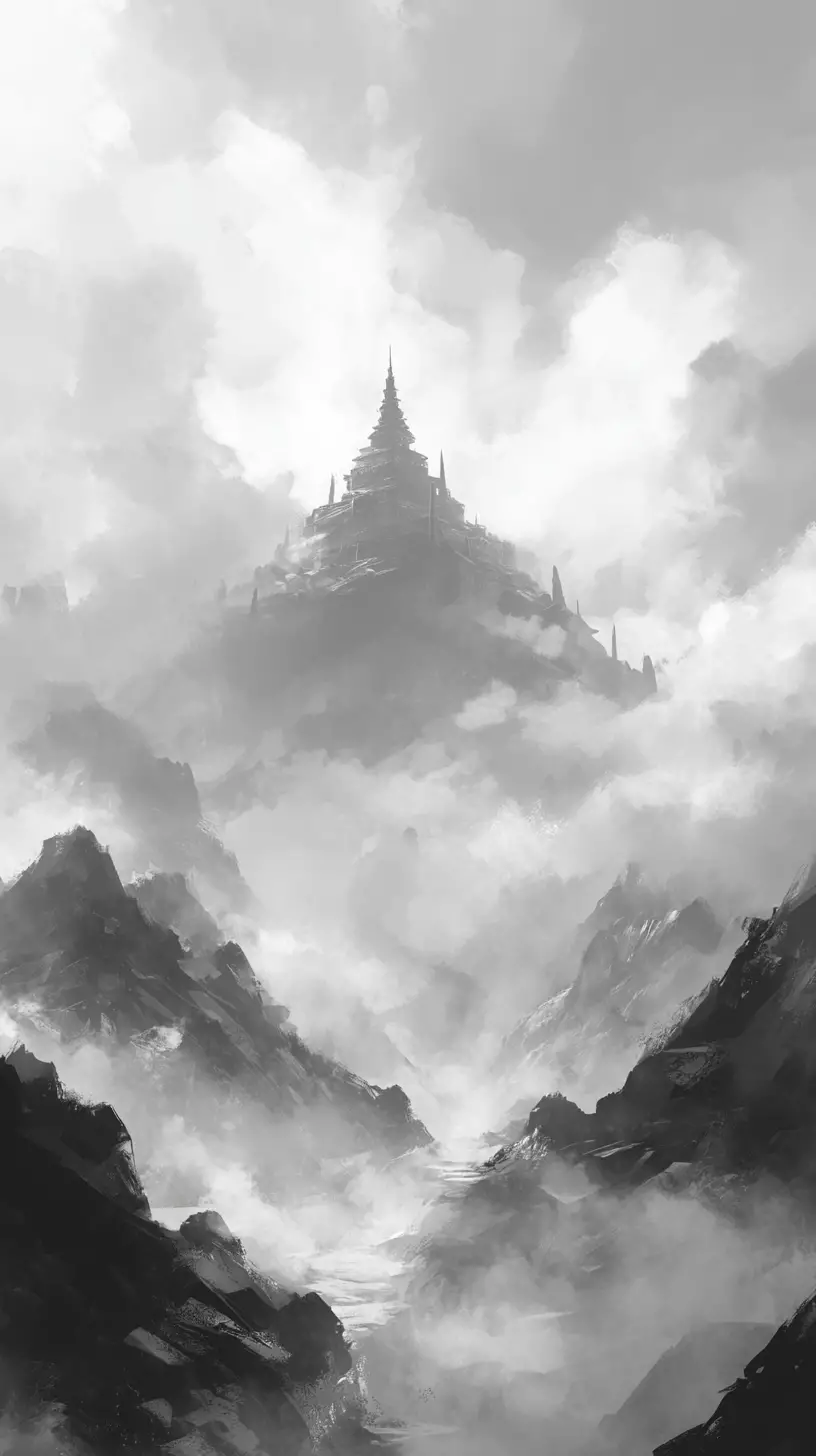Majestisches Fantasy-Monument, das in Wolken und Nebel aufragt