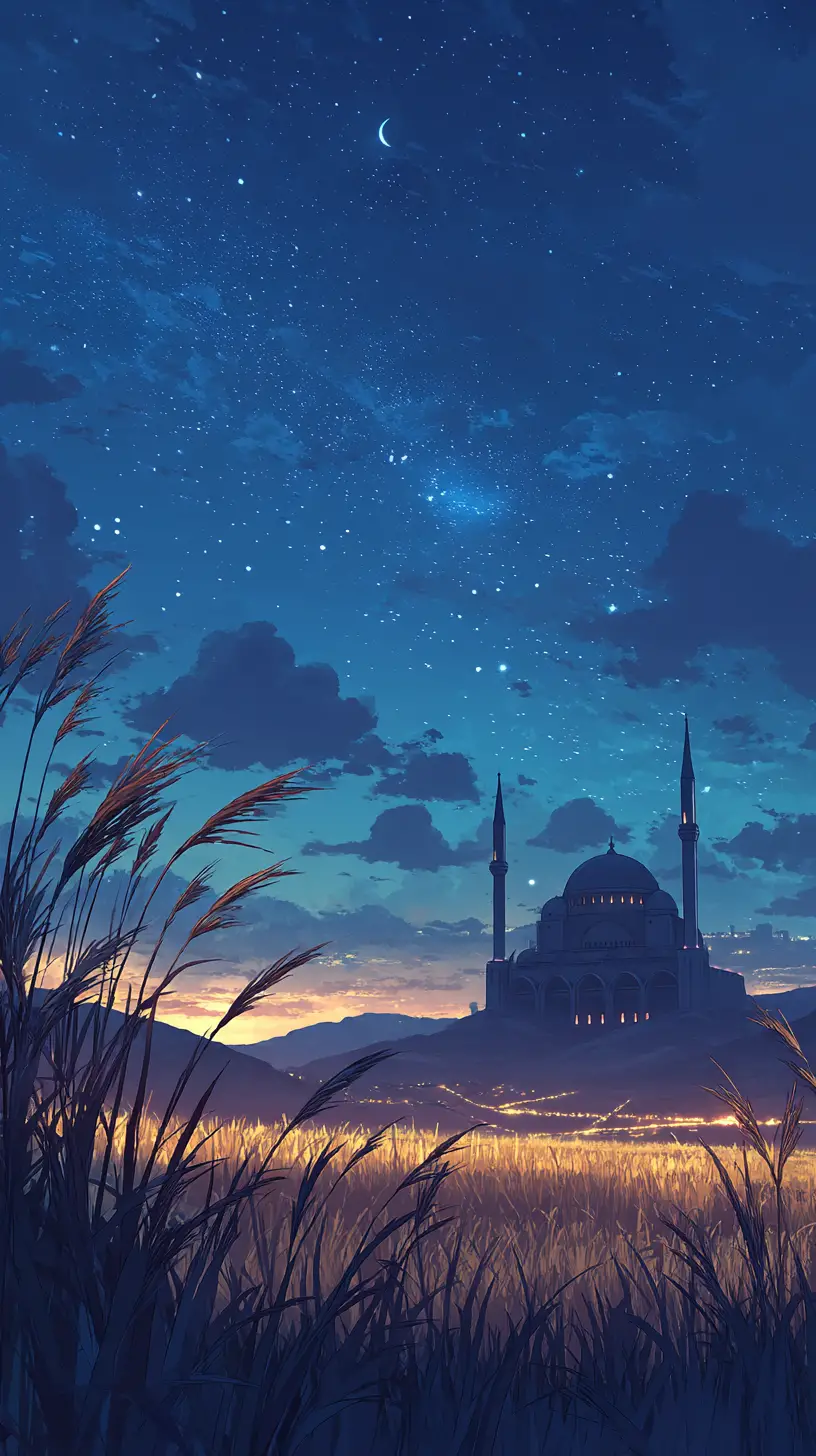 月明かりの星空の下のシネマティックなアニメ風モスク