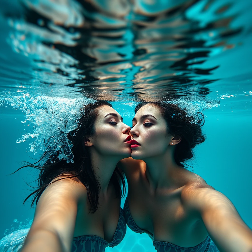 Due donne che nuotano insieme in un abbraccio sott’acqua