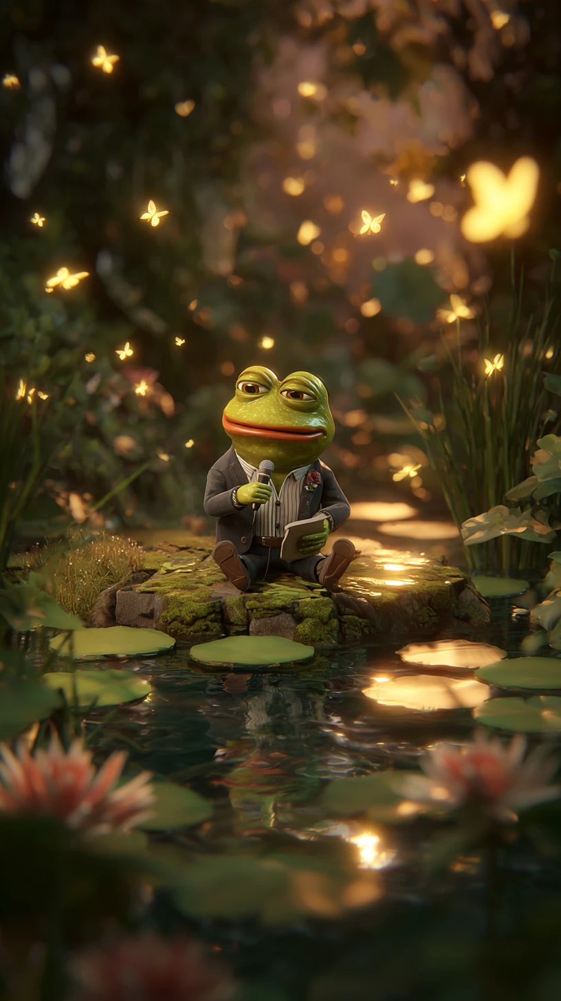 Sapo de desenho animado de terno cantando em um lago ao pôr do sol