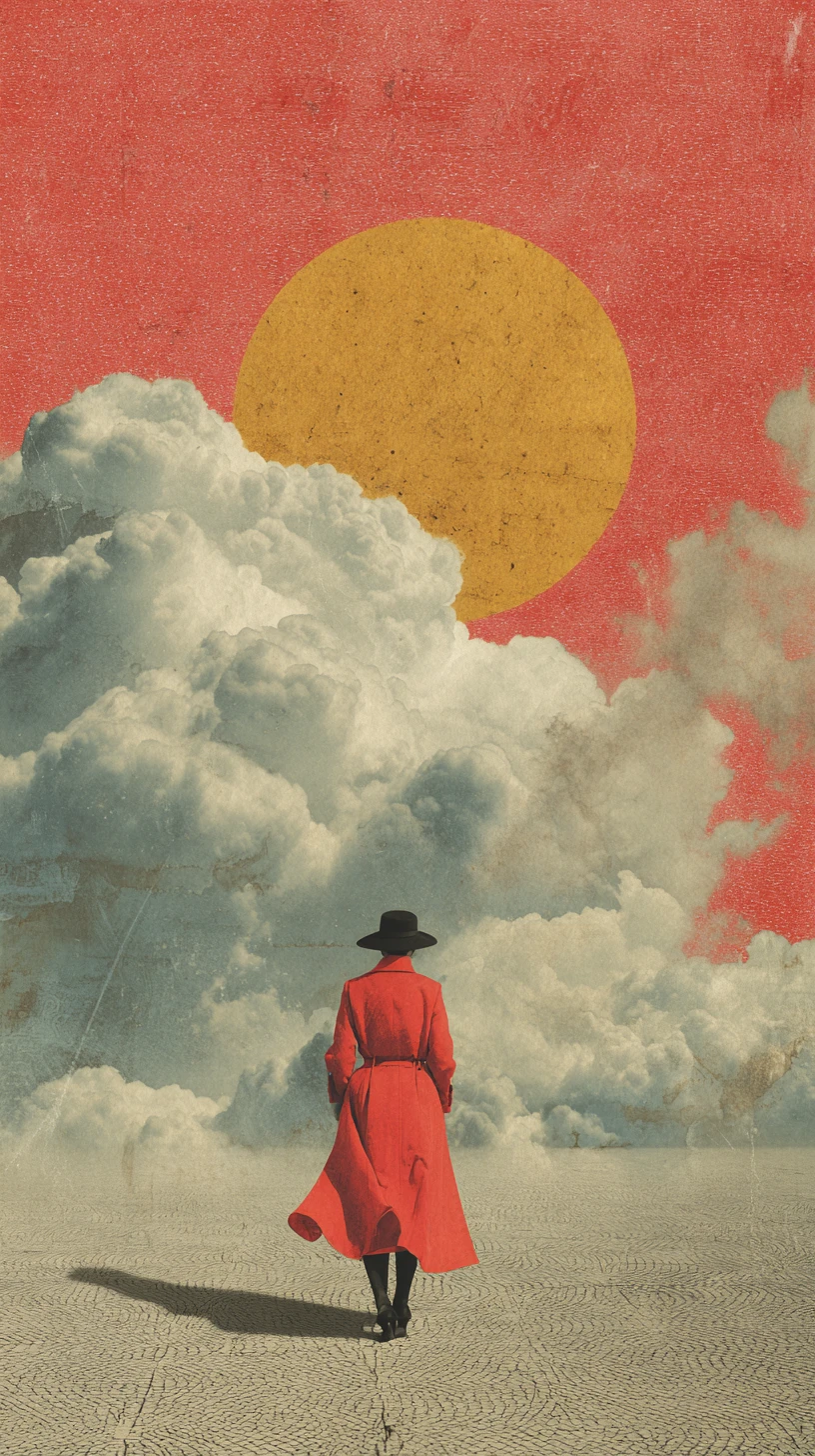 Collage surreale e malinconico in una composizione minimalista onirica