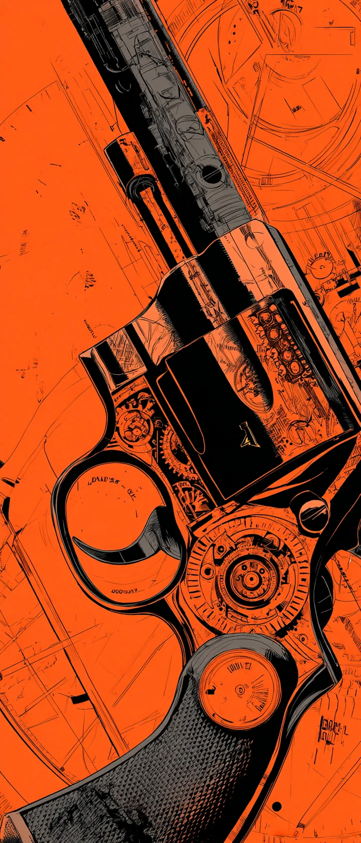 Ilustração em close de um revólver vintage com esquemas