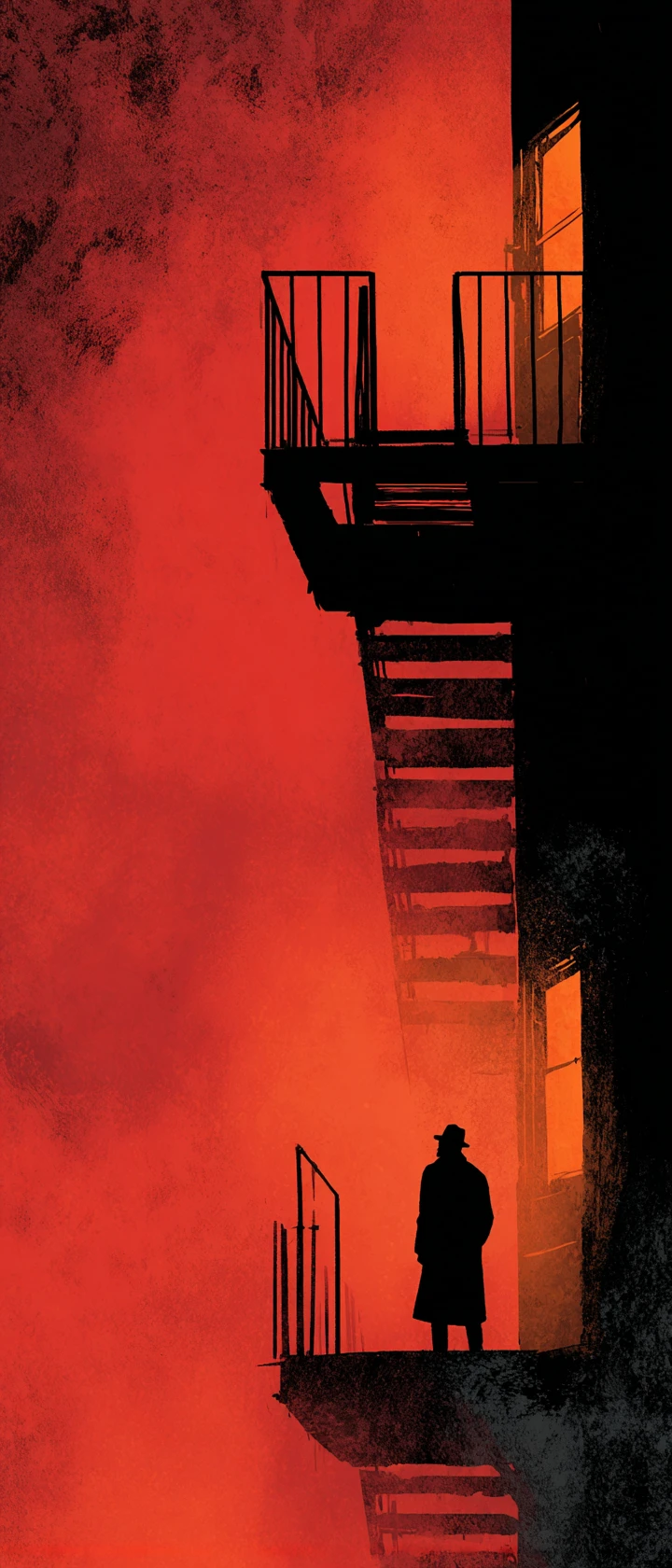 Lone detective in towering brutalist stairwell with fog