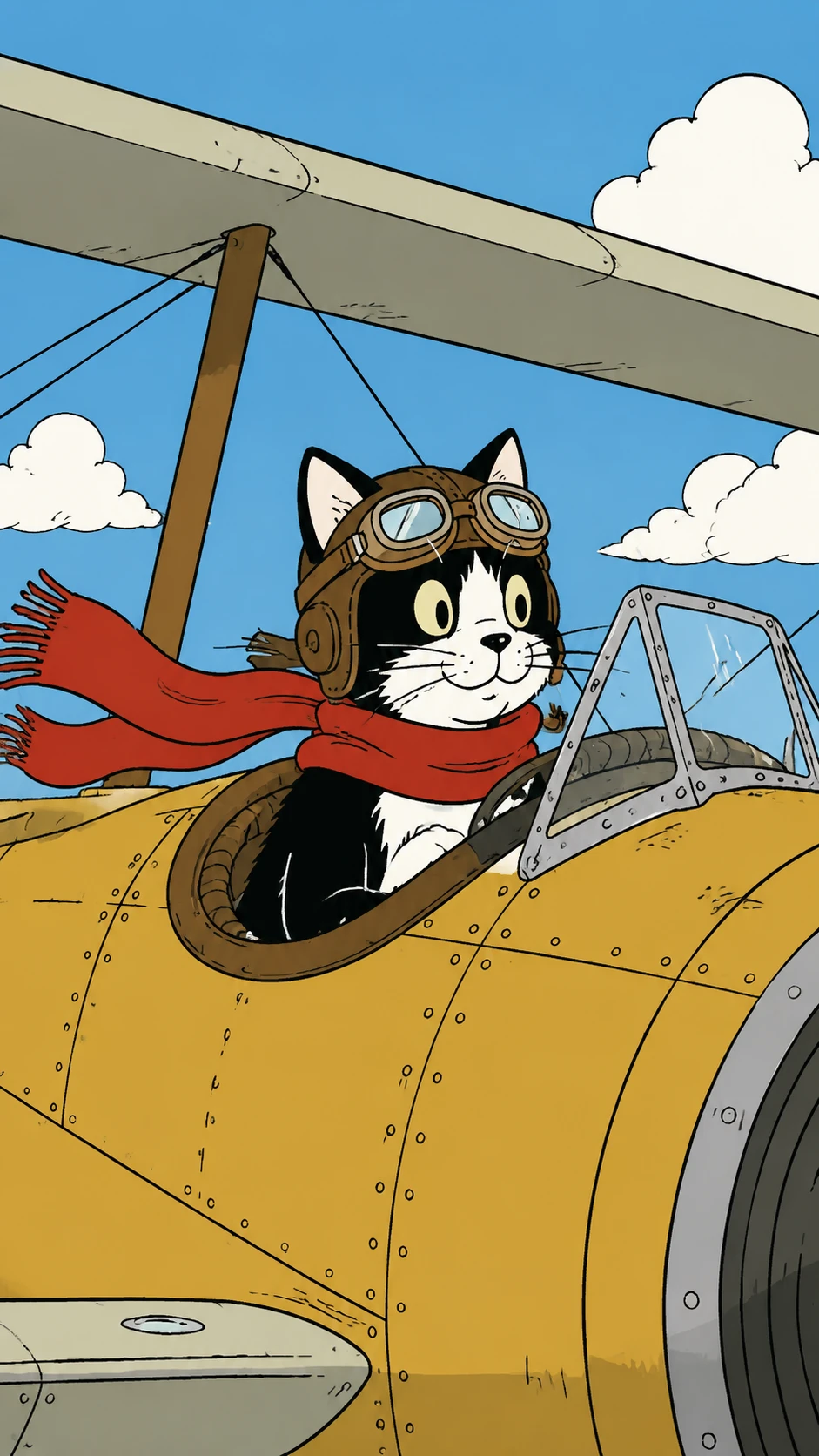 Fofo gato piloto preto e branco voando em avião vintage