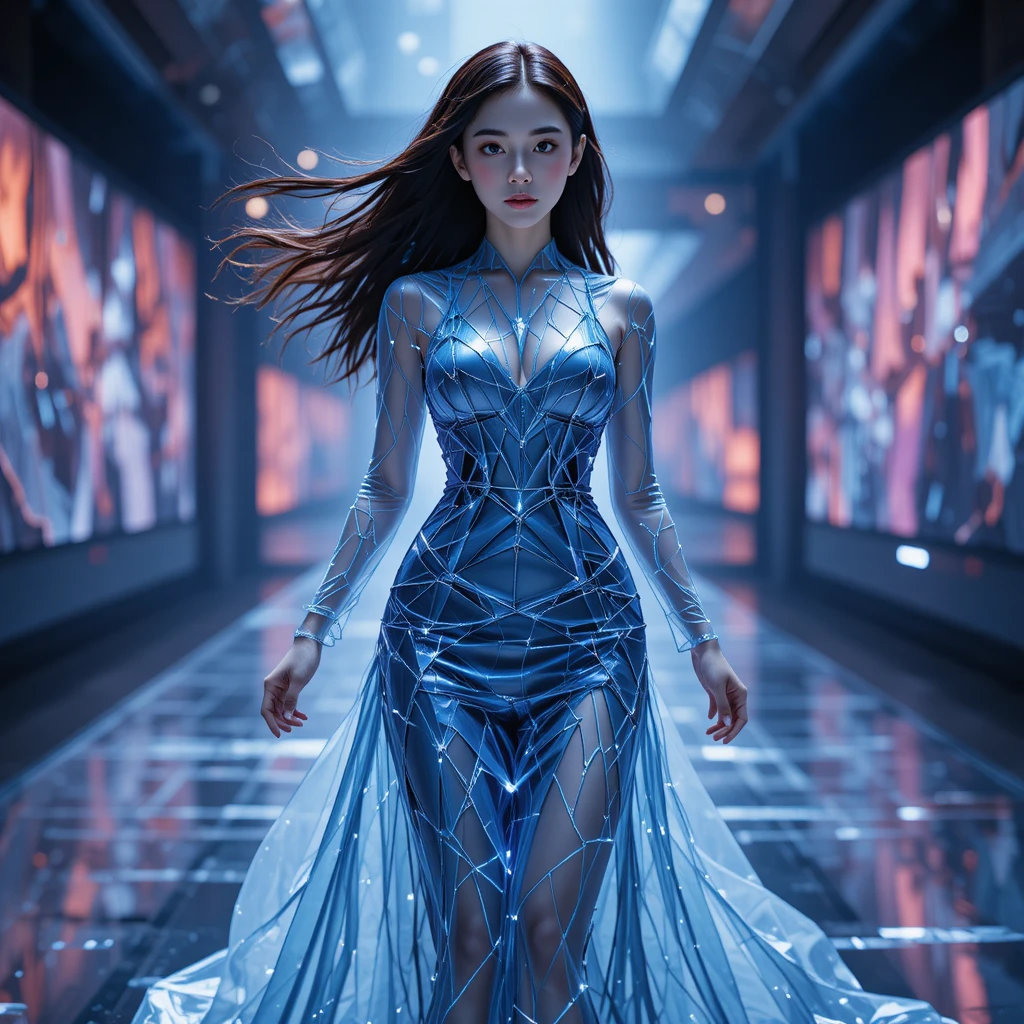 Korean student in prism gown walking on quantum runway