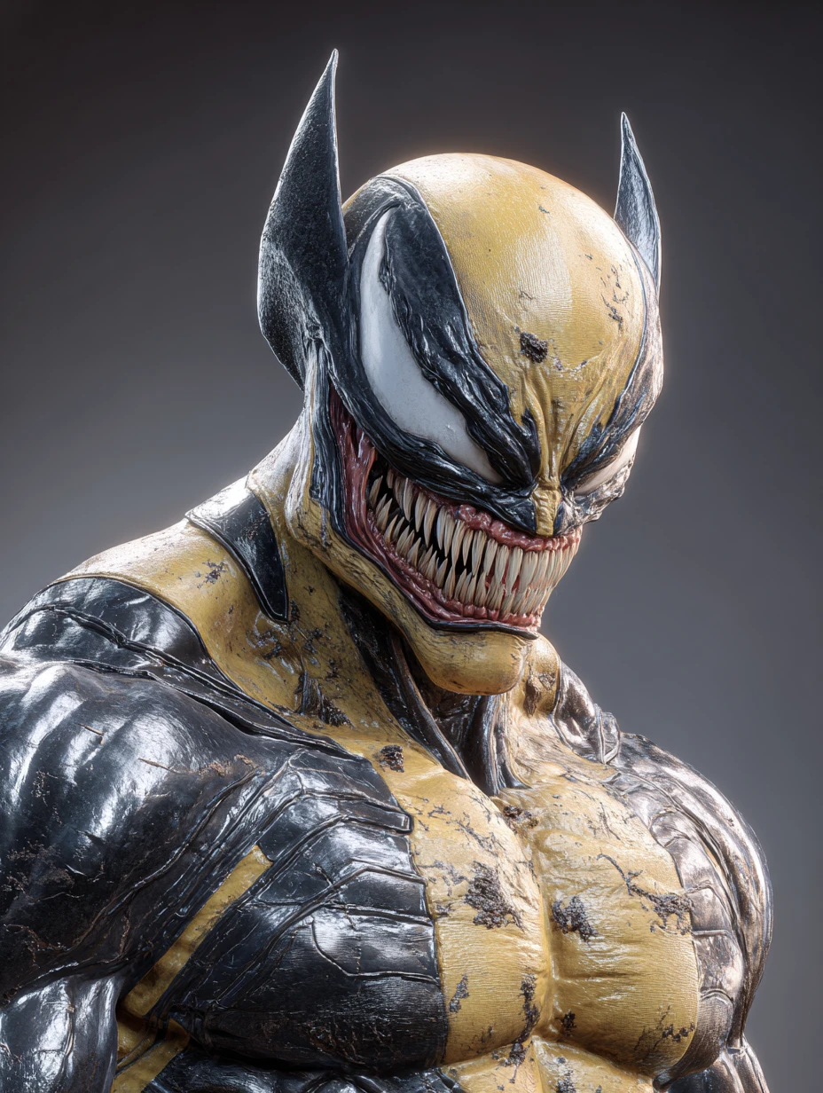 Super-herói híbrido estilo Wolverine Venomizado em floresta sombria