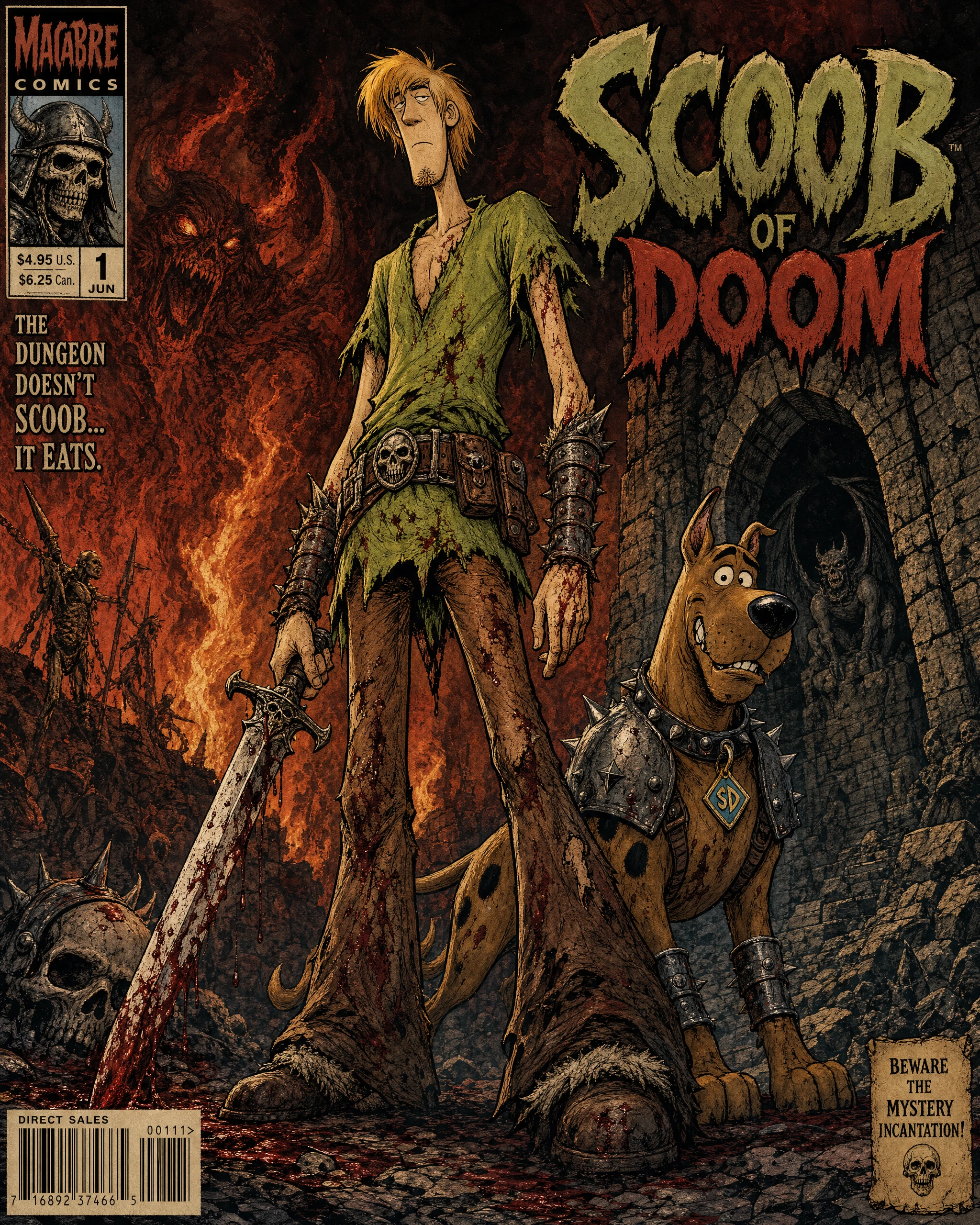 Guerrier dark fantasy et chien dans un donjon infernal