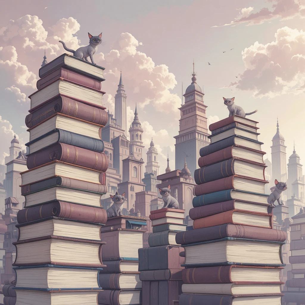 Cidade de livros lúdica com gatos estilosos sob céus em tons pastéis