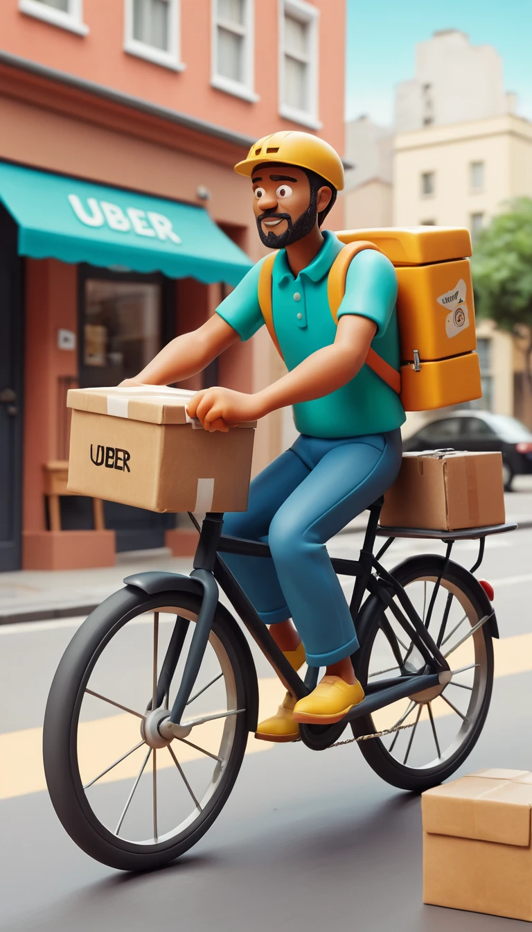 Repartidor de plastilina juguetón andando en bicicleta por la ciudad