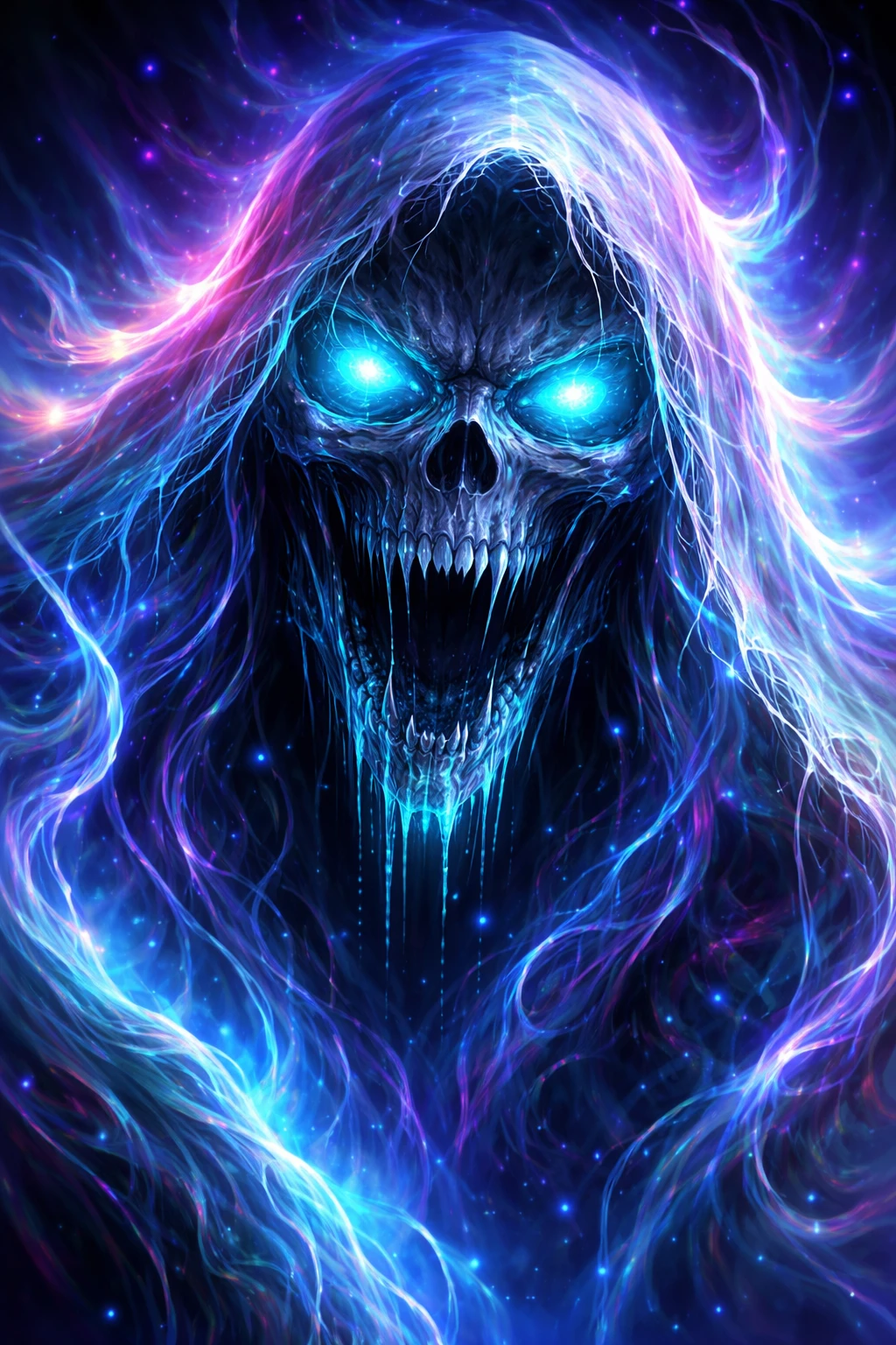 Monstro neon arrepiante em close-up num brilho etéreo em degradê