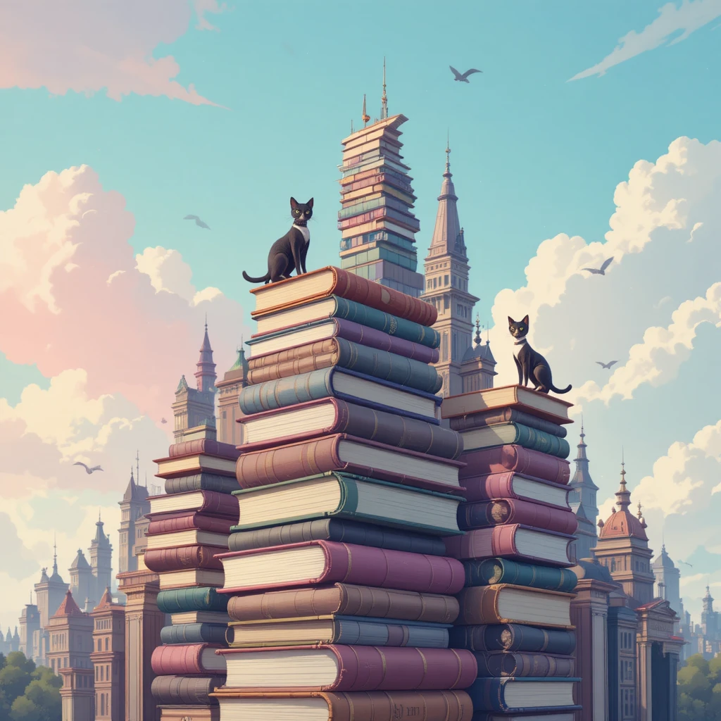 Ciudad de gatos fantasiosa construida con imponentes libros antiguos