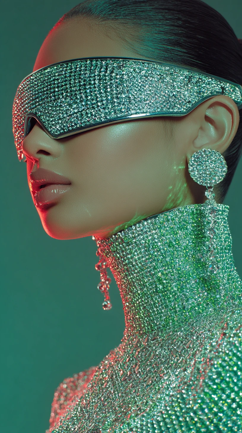 Retrato futurista de mulher com viseira de cristal e brincos