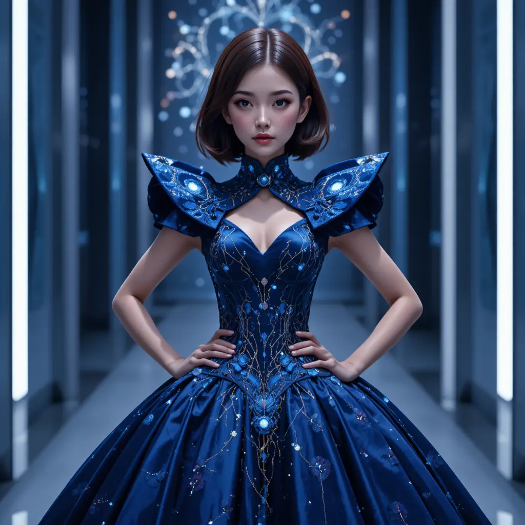 Korean model in cosmic midnight blue couture ballgown on runway