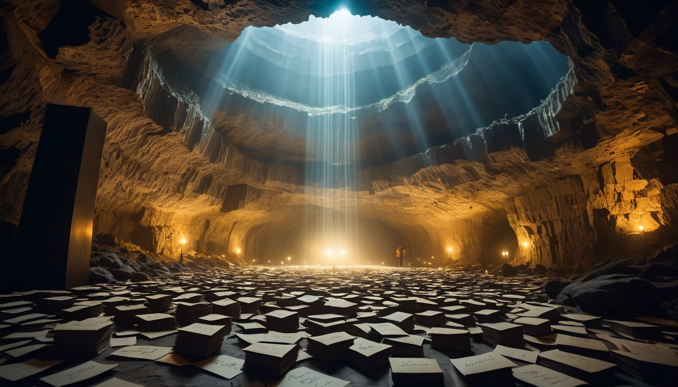 Letras brillantes suspendidas en una caverna llena de niebla