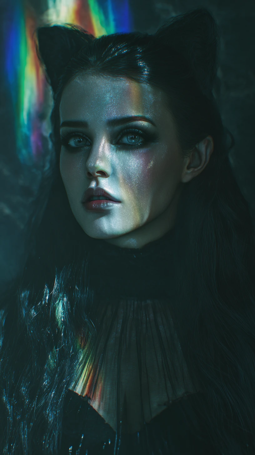 Mystical rainbow woman cat hybrid in surreal dark fantasy