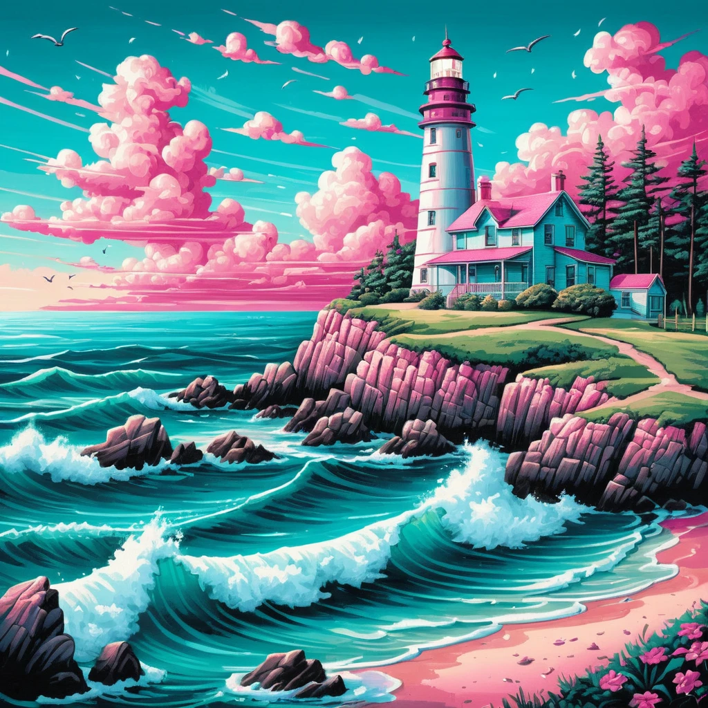 Ilustração em close de farol diante de um mar de verão turquesa
