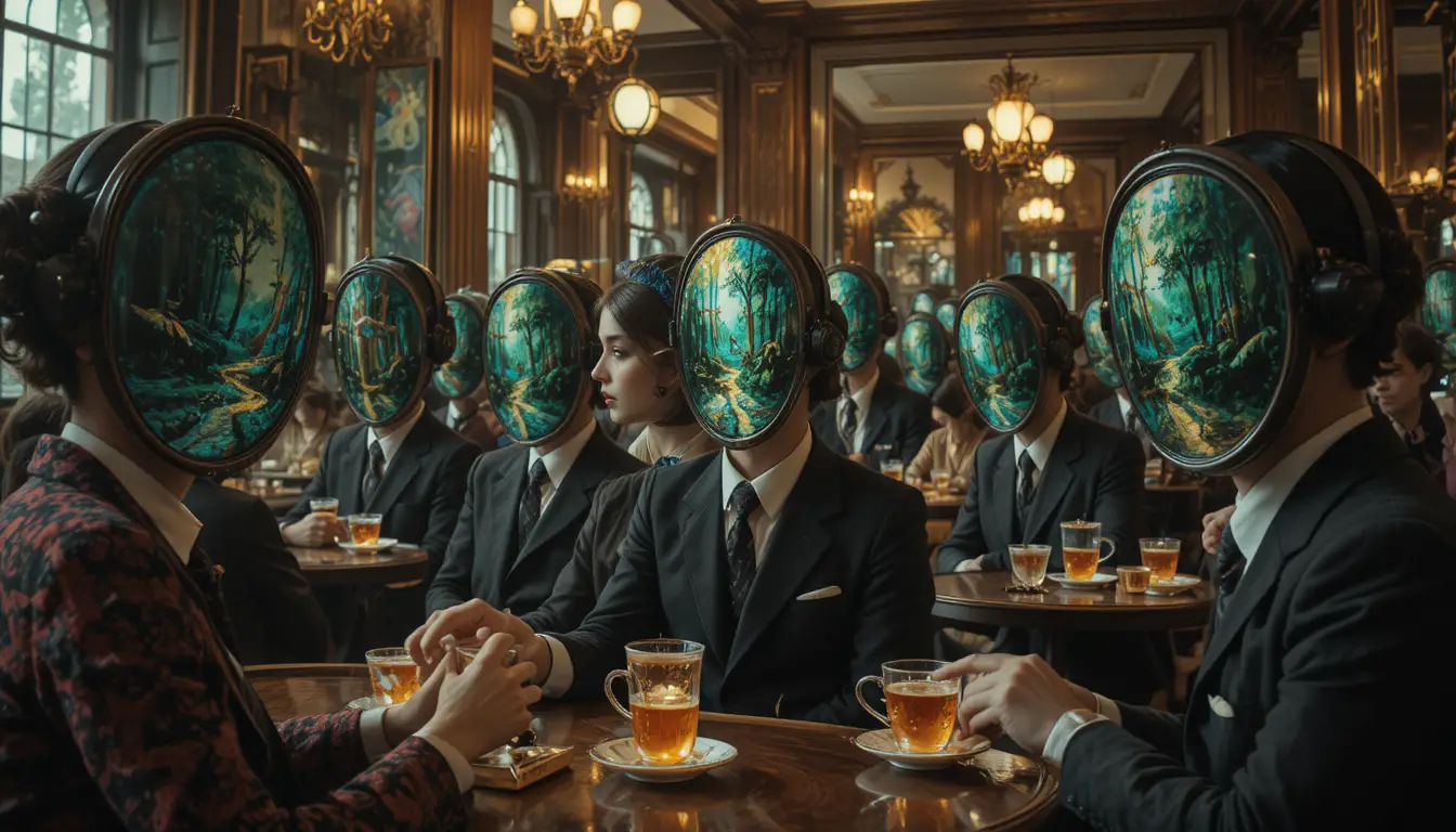 Café parisien surréaliste avec miroirs et tasses de thé arc-en-ciel