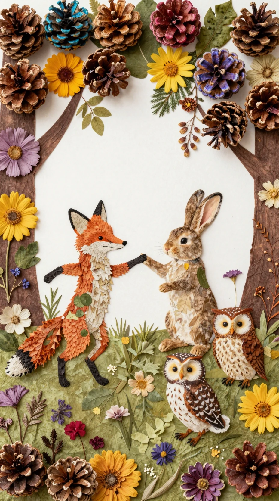 Verspielte Waldtiere tanzen in einer floralen Papiercollage