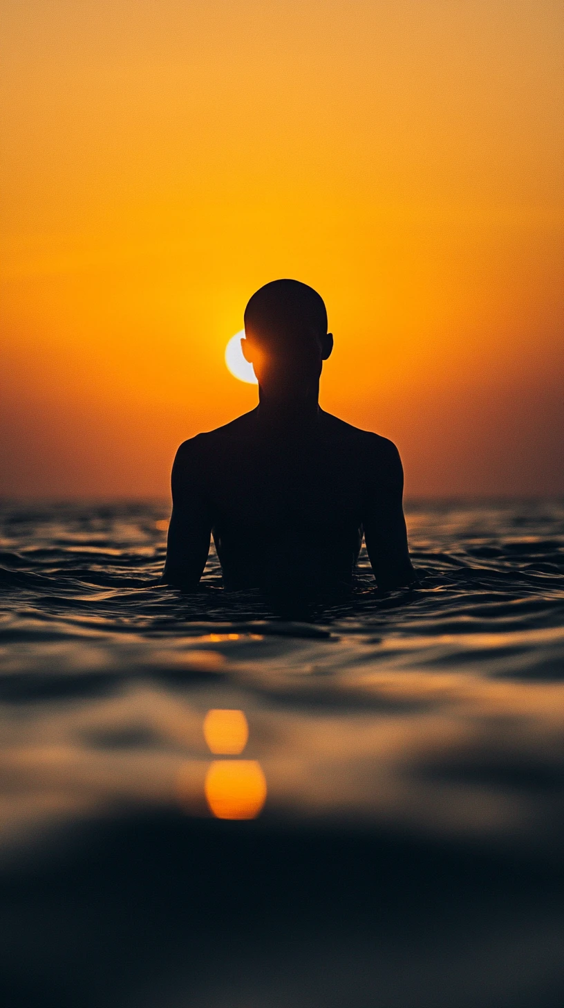 Figura em silhueta fundindo-se com um sereno companheiro ao pôr do sol