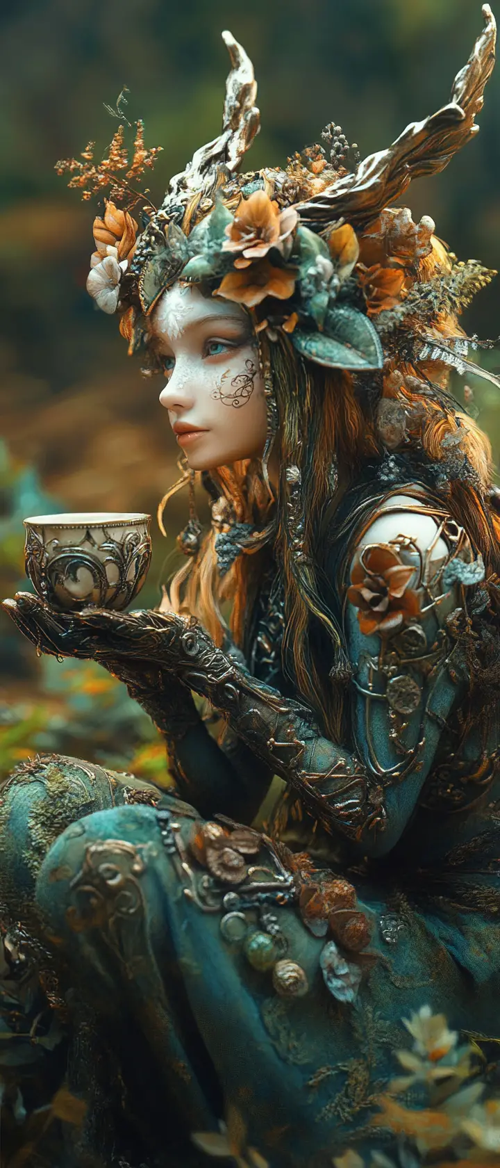 Whimsical fairy sitting at metallic pastel teatime scene
