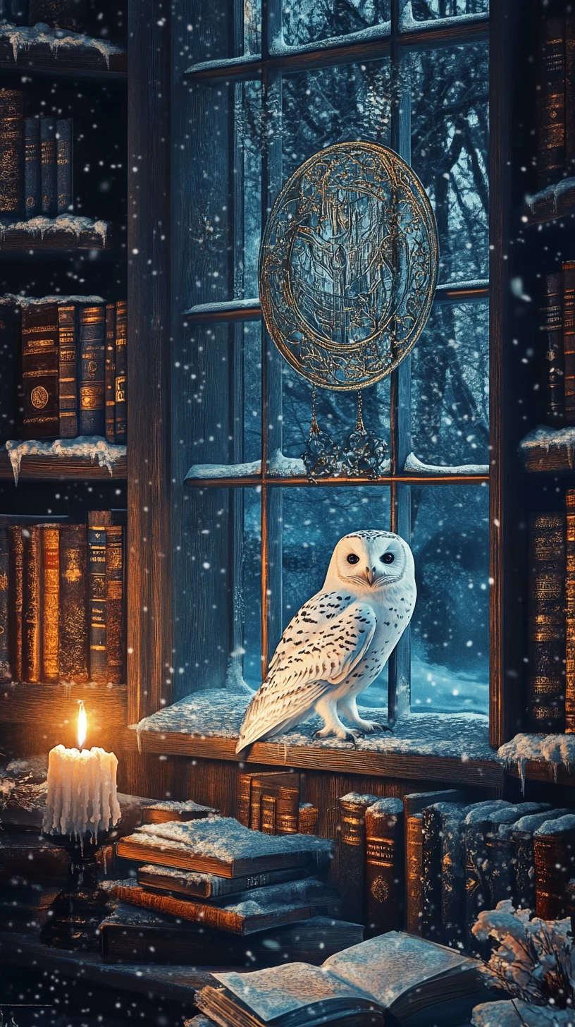 Accogliente biblioteca di strega con civetta bianca e libri degli incantesimi illuminati dalle candele