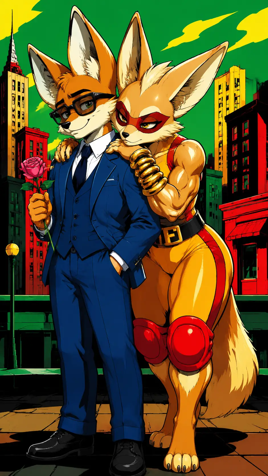 Muscular masked fennec fox woman hugging suited fox in city