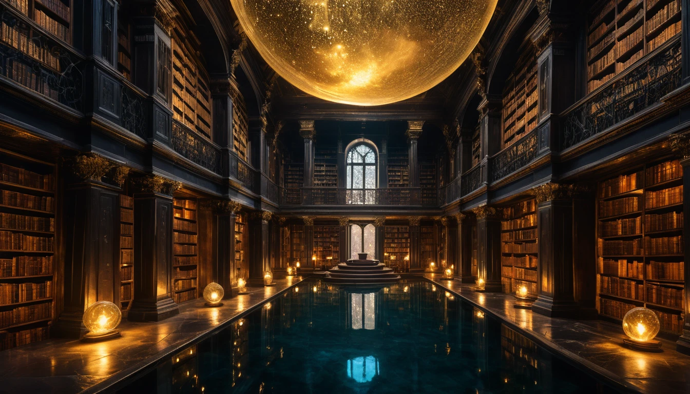 Biblioteca dorata surreale sopra una oscura piscina riflettente