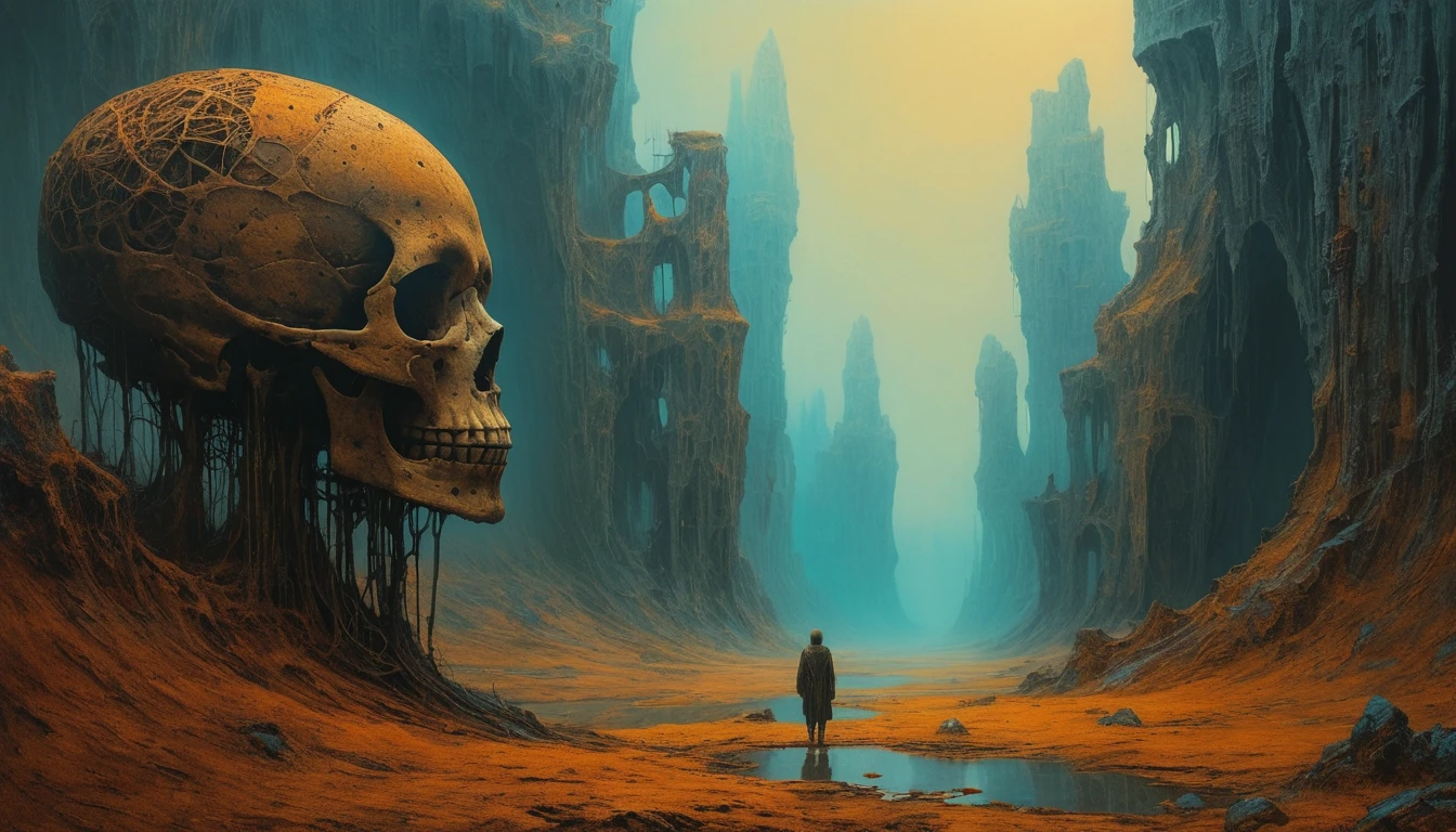 Paysage mental biomécanique surréaliste dans une lumière cinématographique inquiétante