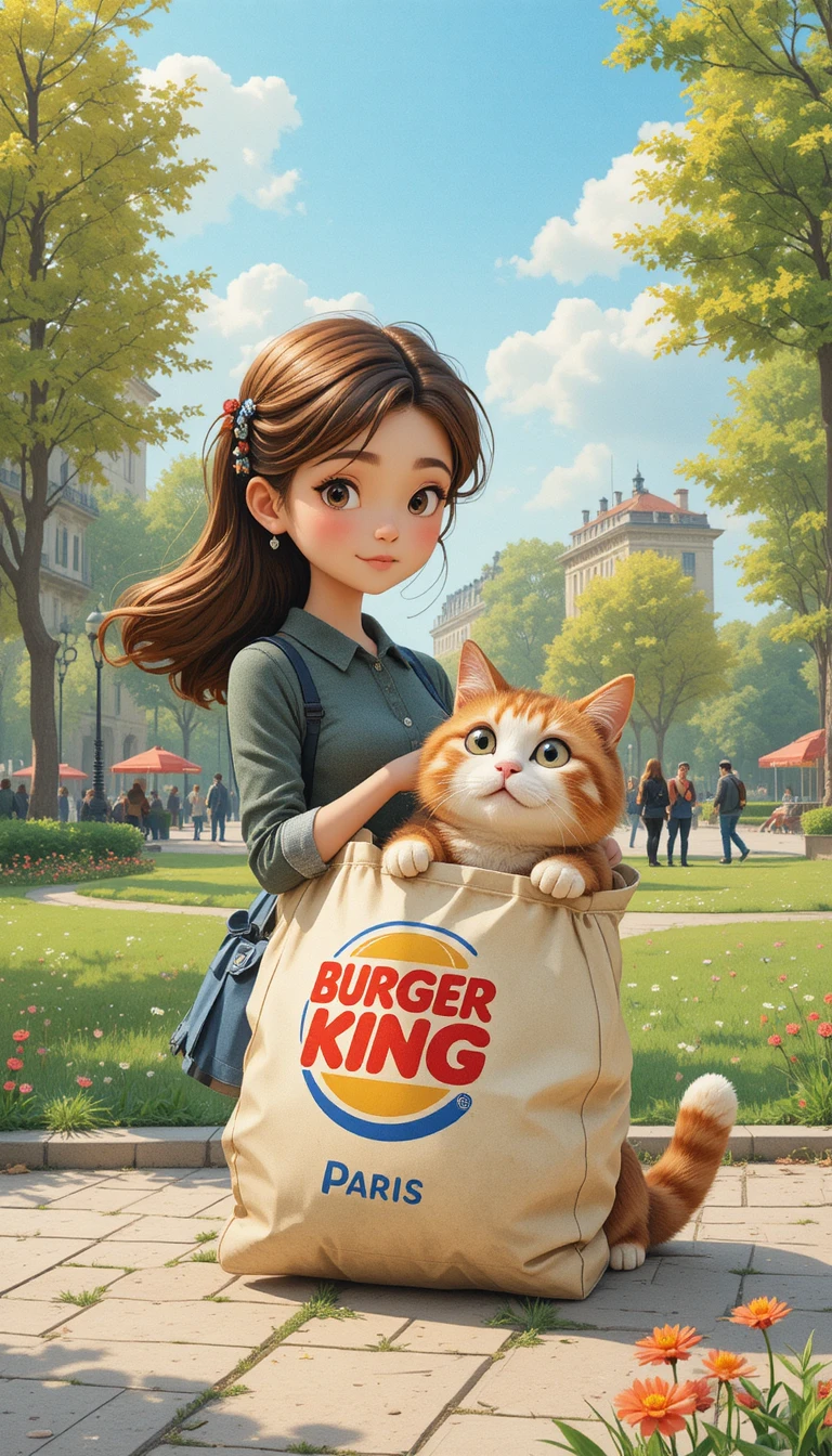 晴れたパリの公園で猫と散歩する女の子