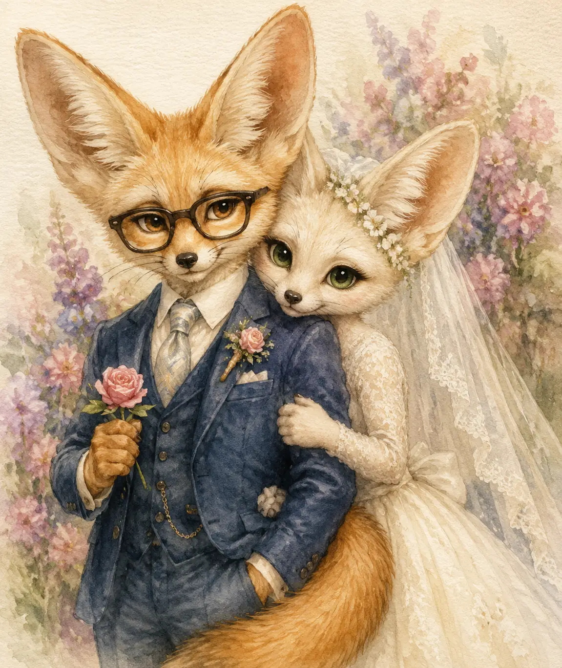 Aquarell-Hochzeit: Fennek-Fuchspaar in romantischer Umarmung