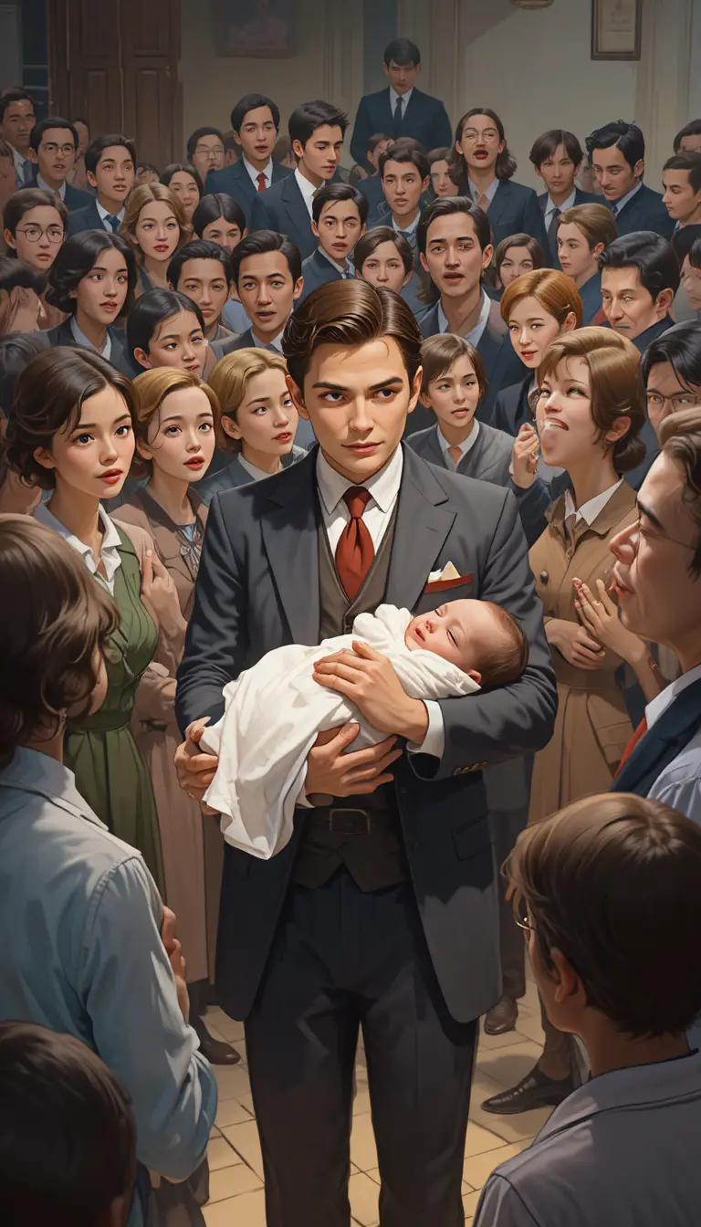 Mann im Vintage-Anzug hält Baby inmitten schockierter Menge der 1930er