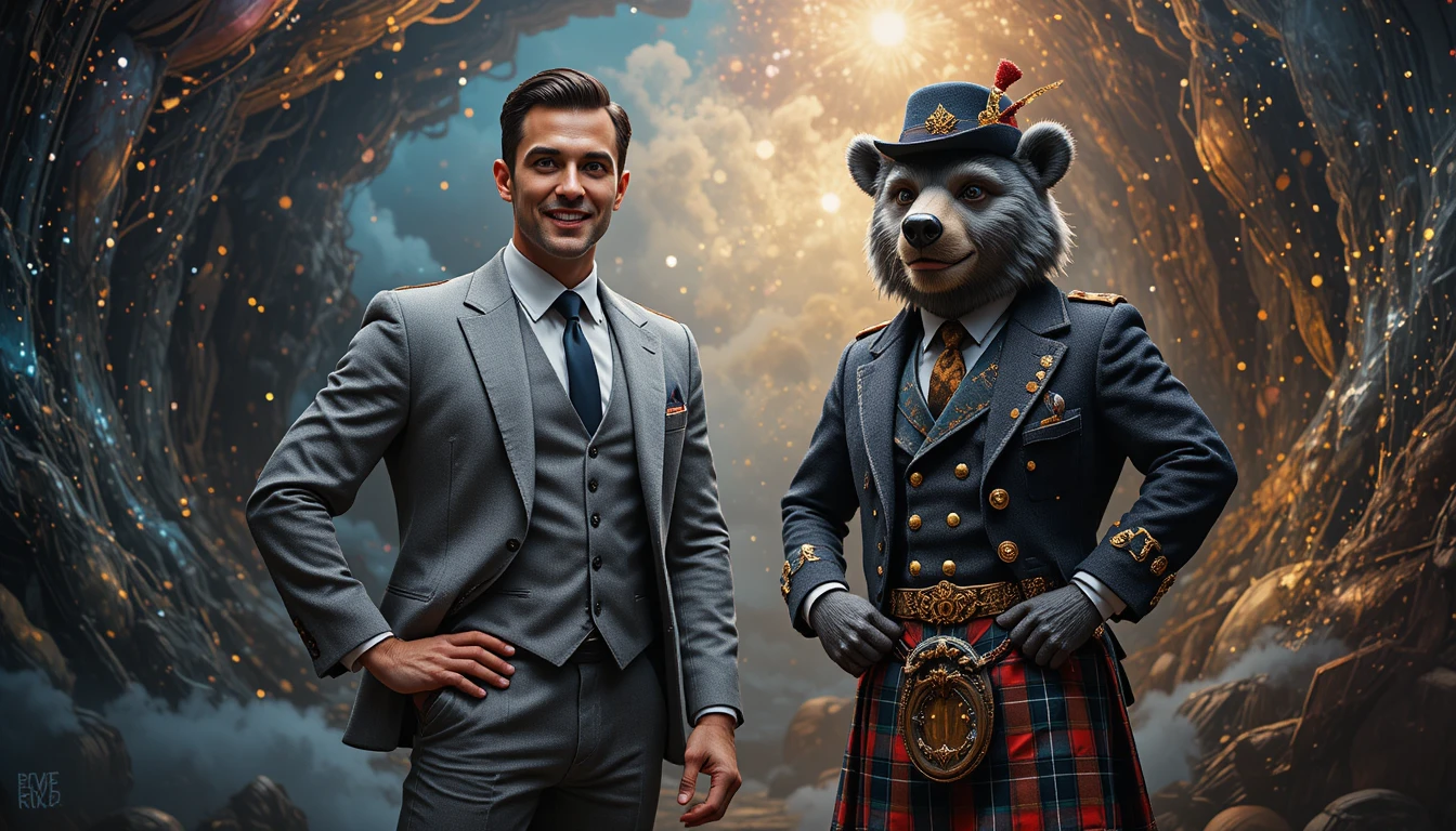 Homme confiant aux côtés d’un ours anthropomorphe en kilt