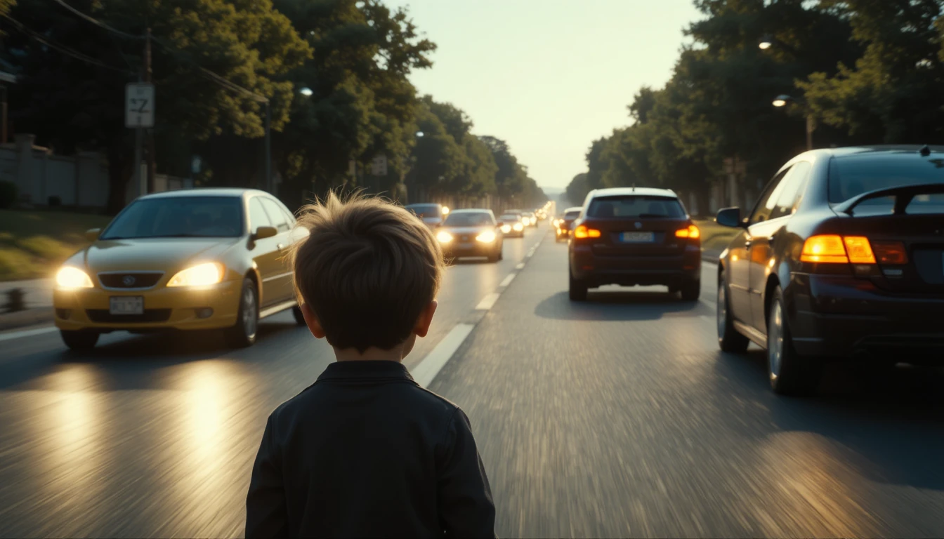 Bambino che guarda le auto veloci con occhi pieni di speranza