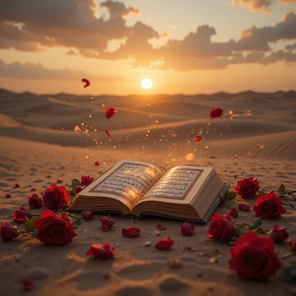 Antico libro luminoso nella sabbia del deserto con rose al tramonto