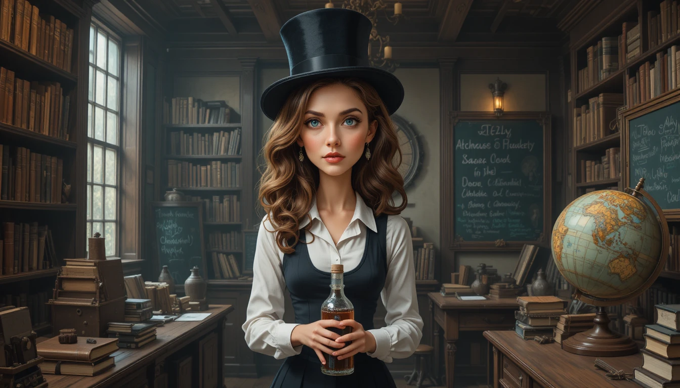 Mujer seria con sombrero de copa en una biblioteca vintage y tenue