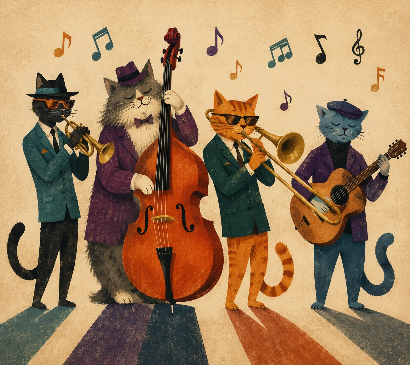 Quatuor de chats de jazz stylisés jouant des instruments aux couleurs vintage