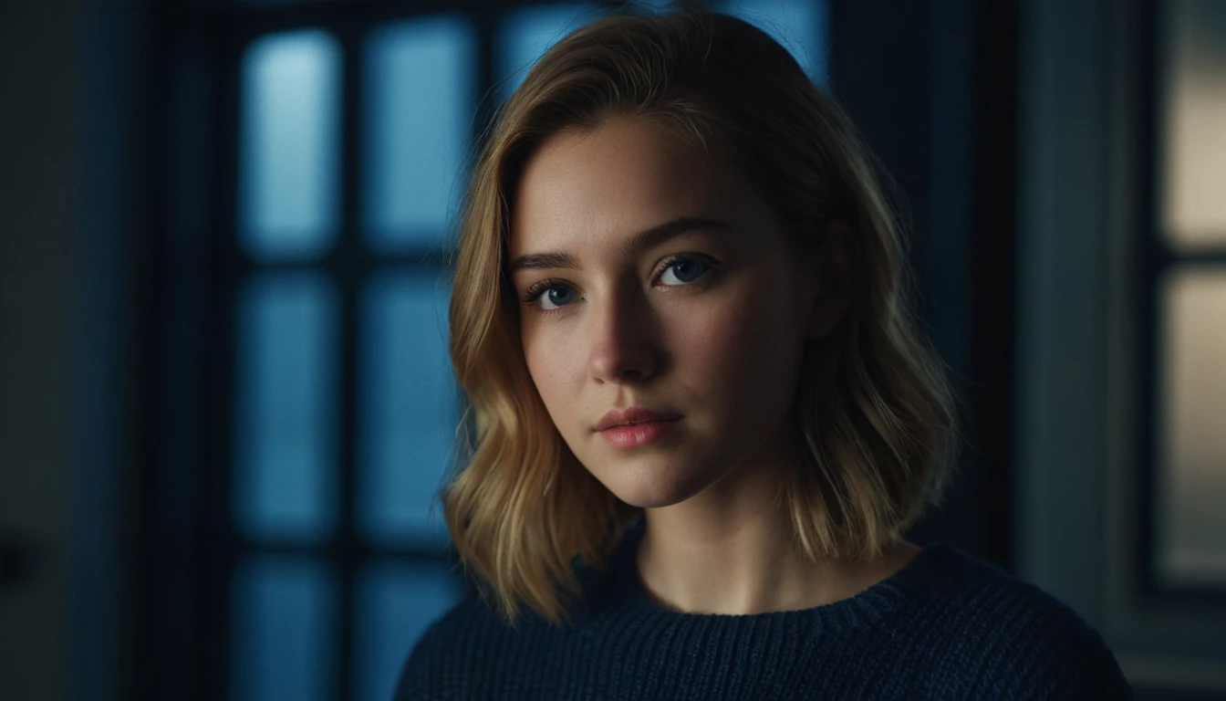 Young woman in moody rembrandt light in a dim laboratory